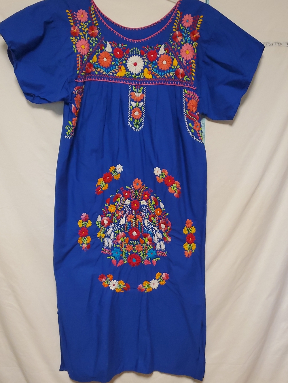 Womens Blue Oaxacan Embroidered Dress Colorful Floral Birds Med Boho Festival